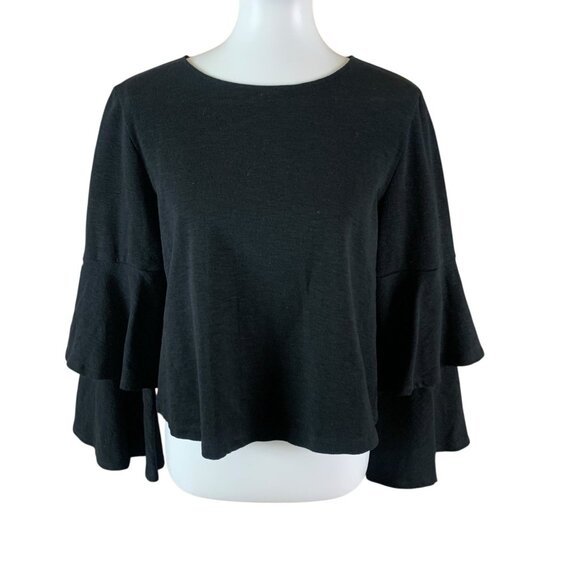 Eri And Ali Black Bell Sleeve Top LP Minimalist Mod Flowy Layered Cottage - Picture 1 of 4